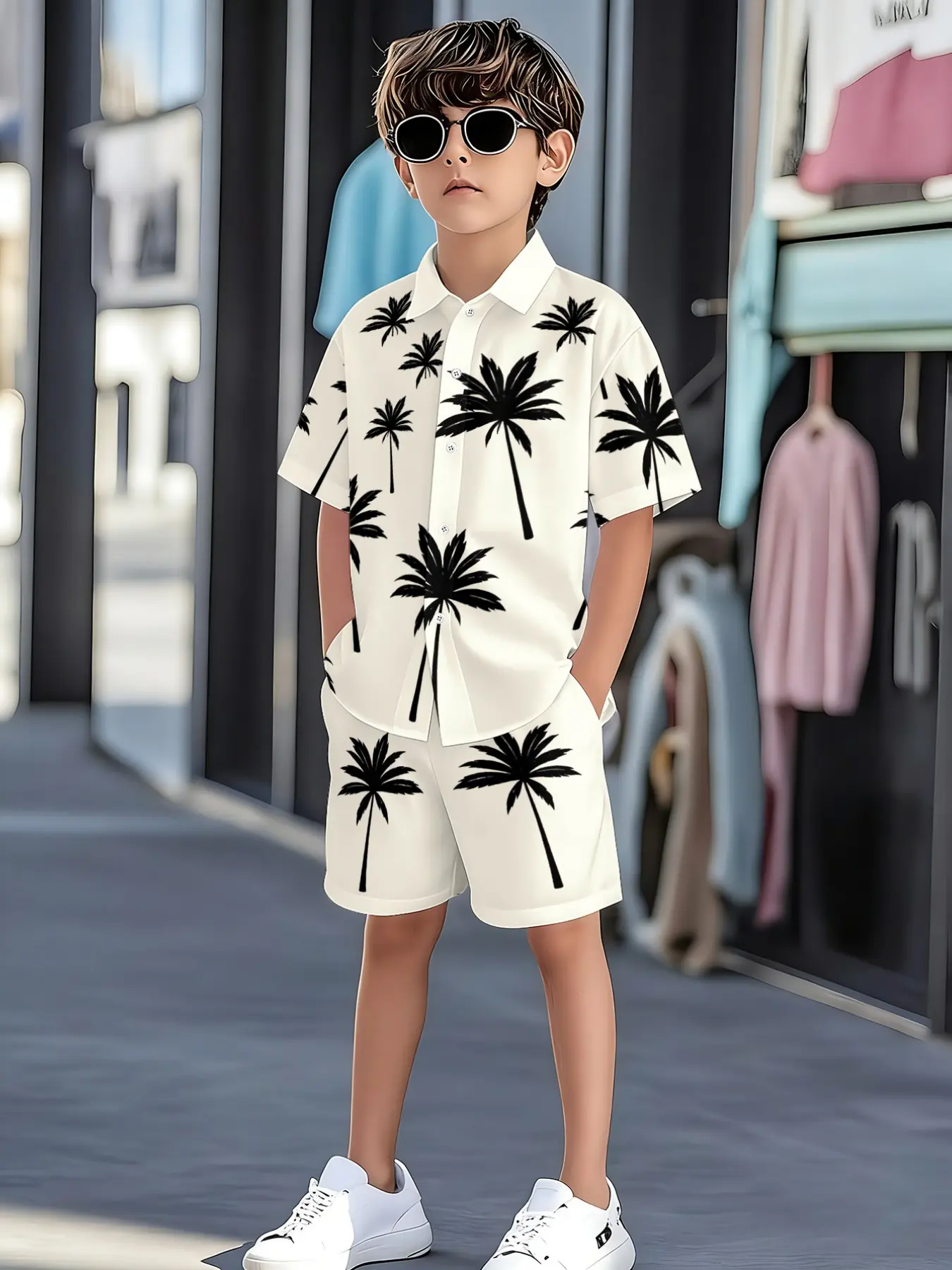 Summer Set Boys' Short Sleeve Shirt and Shorts Two-Piece Outfits Set, Coconut Tree Print, Fashion Casual, Trendy Kids Clothes