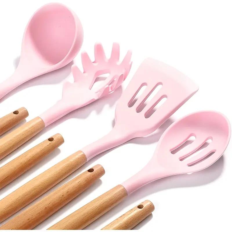 Little Kitchen Utensils Set Silicone Gel Tools WithWooden Handle, Set of 19 Pieces For Home CooksNonstick Spatulas Stirring. Ladle Scraper Spoon Durable Kitchenware Cookware