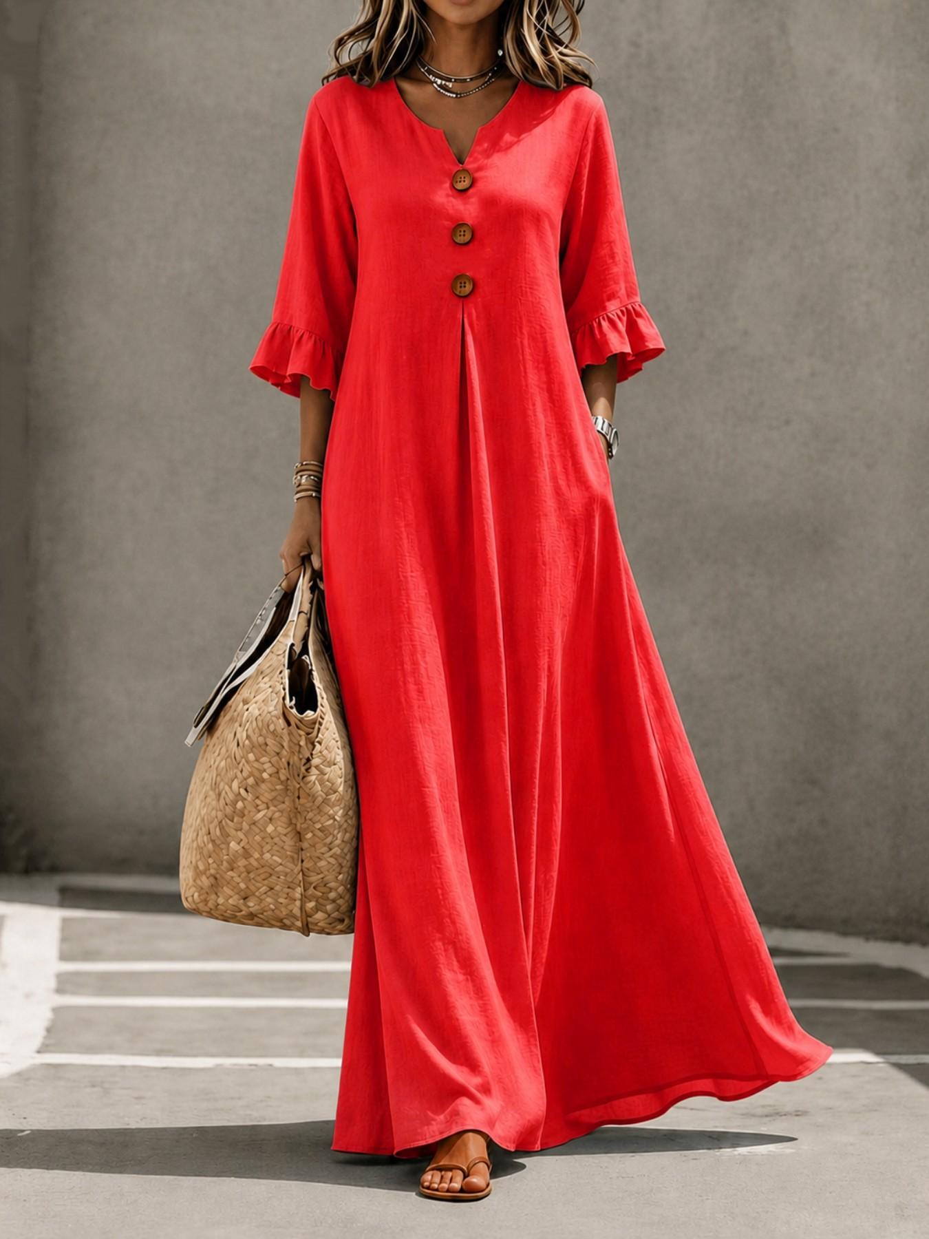 Women's Boho Aesthetic Style Solid V-Neck Dress with Wooden Buttons and Ruffle Sleeves, Loose-Fit A-Line Skirt, Fall & Winter Casual Wear