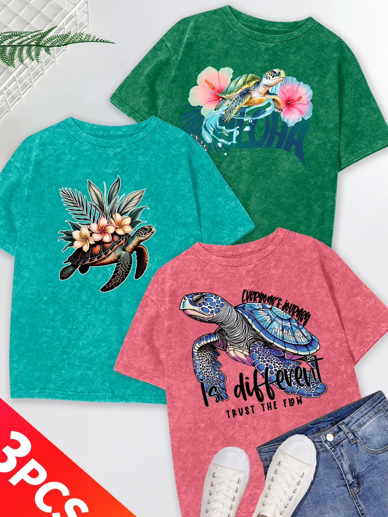 Women's 3-Pack Snow Wash Short Sleeve T-Shirt, Hawaiian Sea Turtle & Floral Print Set, Multiple Colors, Machine Washable, Spring & Summer Tops, Soft Skin-Friendly Fabric, Daily Wear, Fashion Design