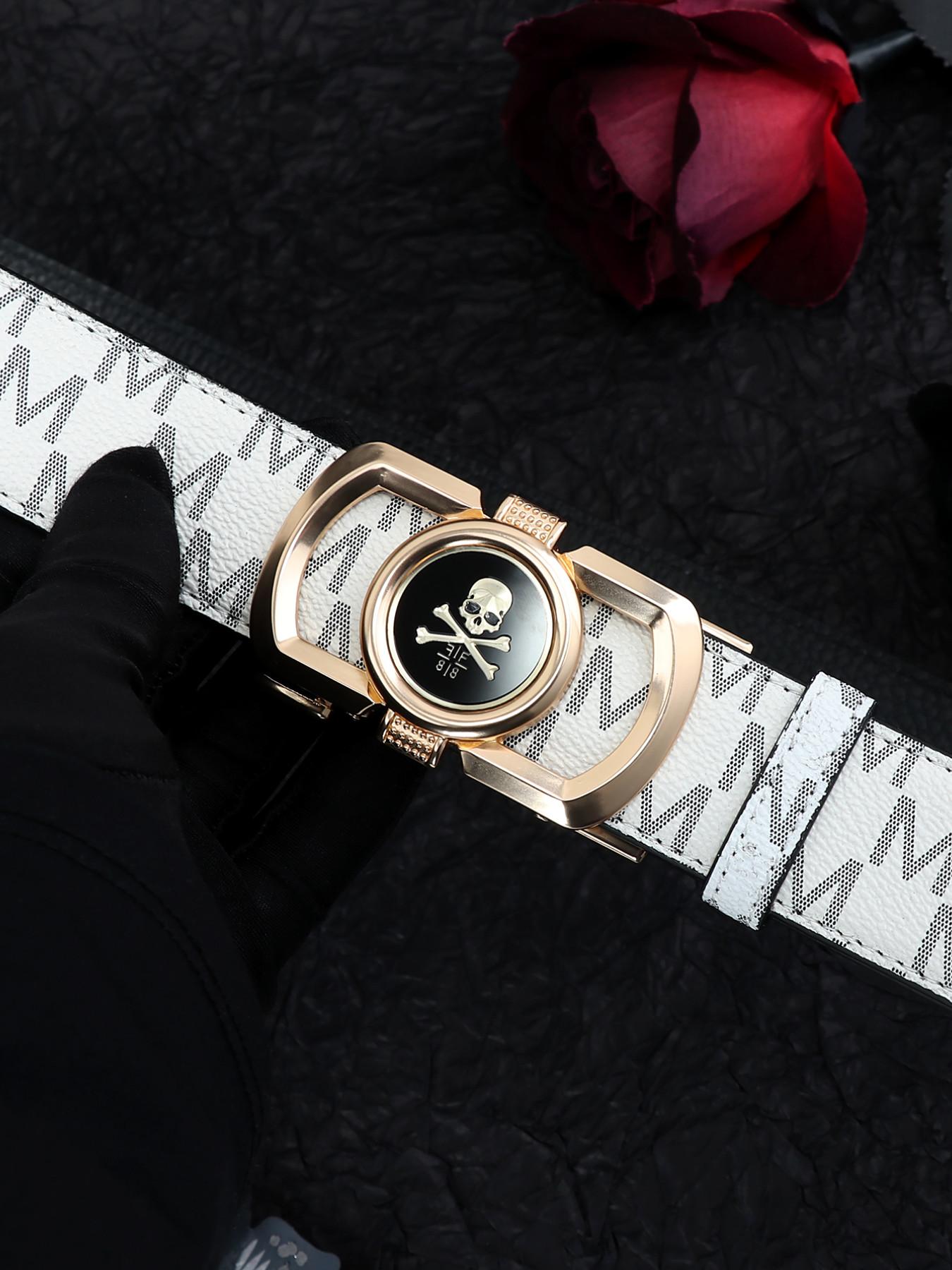 New Trendy Skull Head Automatic Buckle Belt, M Letter Printed Waistband, Men's Fashion Versatile Casual Punk Pants Belt