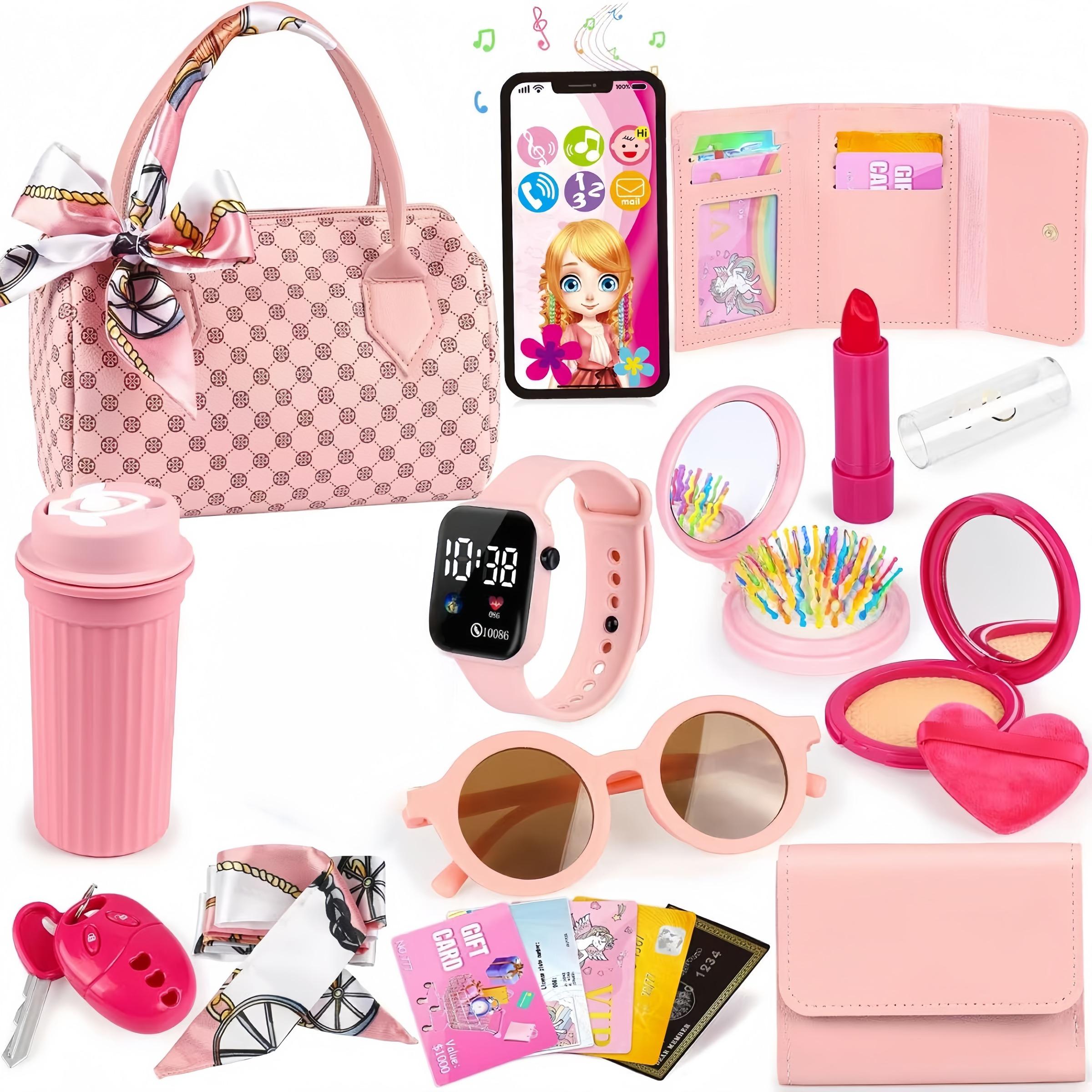 Realistic Girl Handbag Toy Set, Colorful Pretend Play Accessories, Includes Phone Wallet Makeup Toys, Perfect Birthday Gift for Girls（This product is available in multiple options.100mah Button Battery）