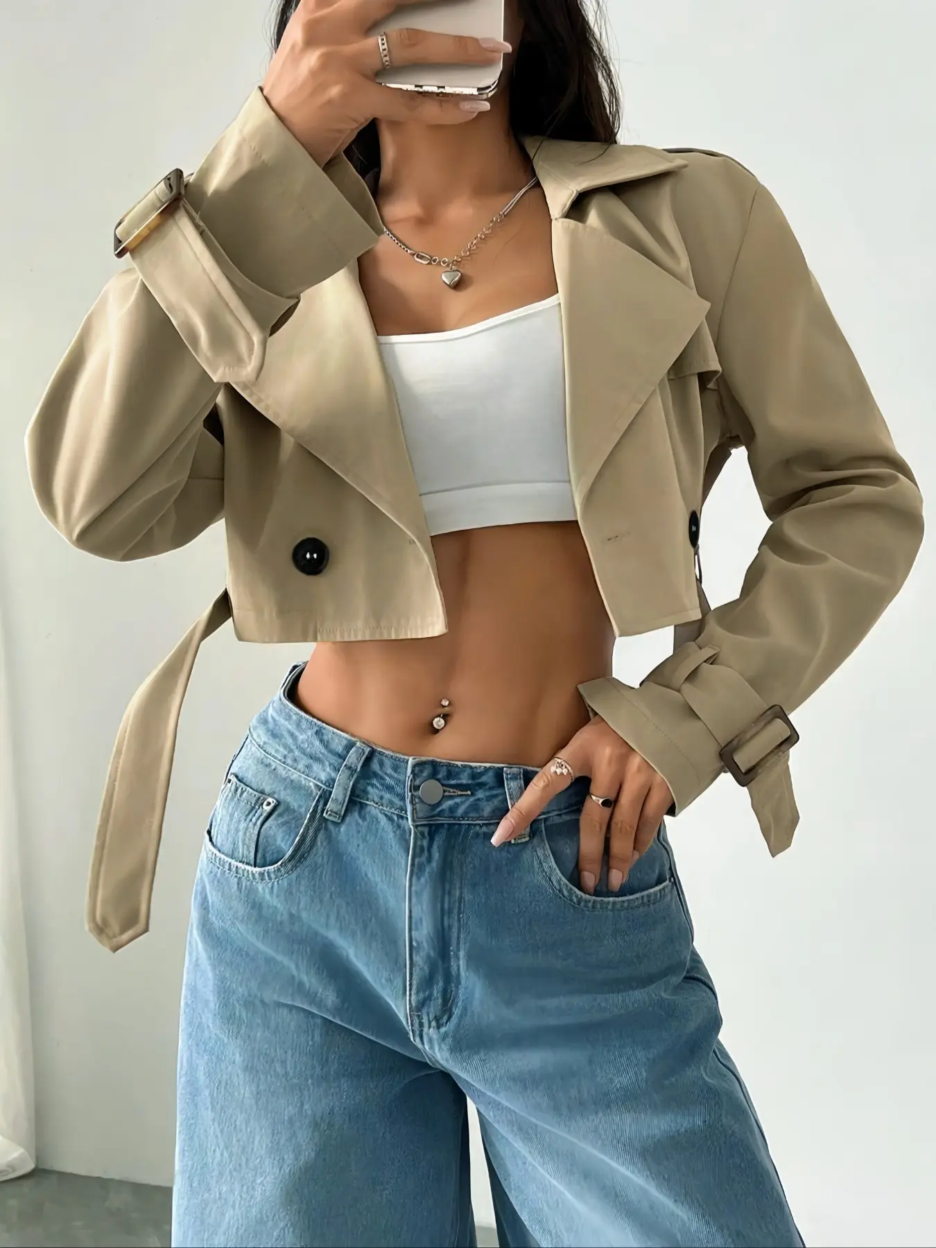 Women's Solid Color Double Button Detail Crop Jacket, Casual Long Sleeve Lapel Neckline Outerwear for Fall & Winter, Ladies Clothes for Daily Wear