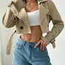 Women's Solid Color Double Button Detail Crop Jacket, Casual Basic Long Sleeve Lapel Neckline Outerwear for Fall & Winter, Ladies Clothes for Daily Wear