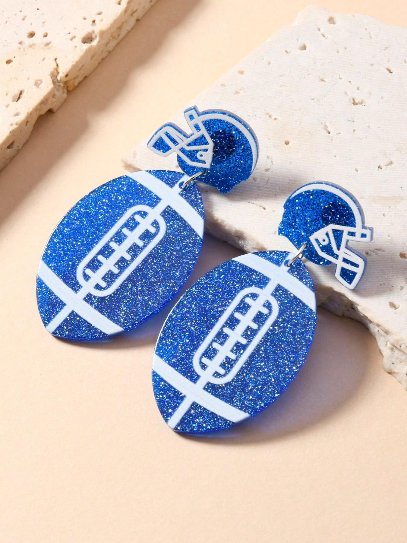Lightweight Flashing Acrylic Blue Football Helmet Pendant Earrings, Super Bowl Event Jewelry, Daily Wear, Concert, Gift for Football Lovers