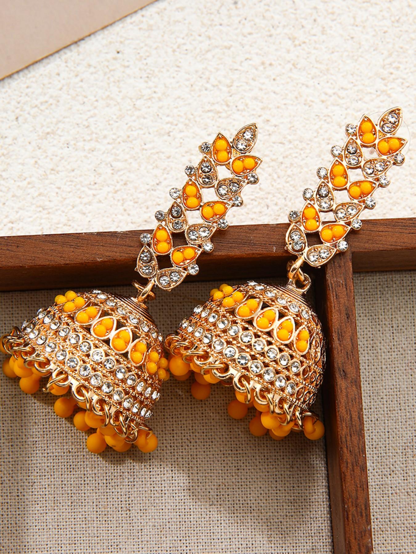 Indian Ethnic Birdcage Bell Jhumka Earrings, Heavy Rhinestone Beaded Long Fringe, Vintage Hollow Out Courtly Ear Jewelry, Bohemian Gift, Vintage Statement Earrings