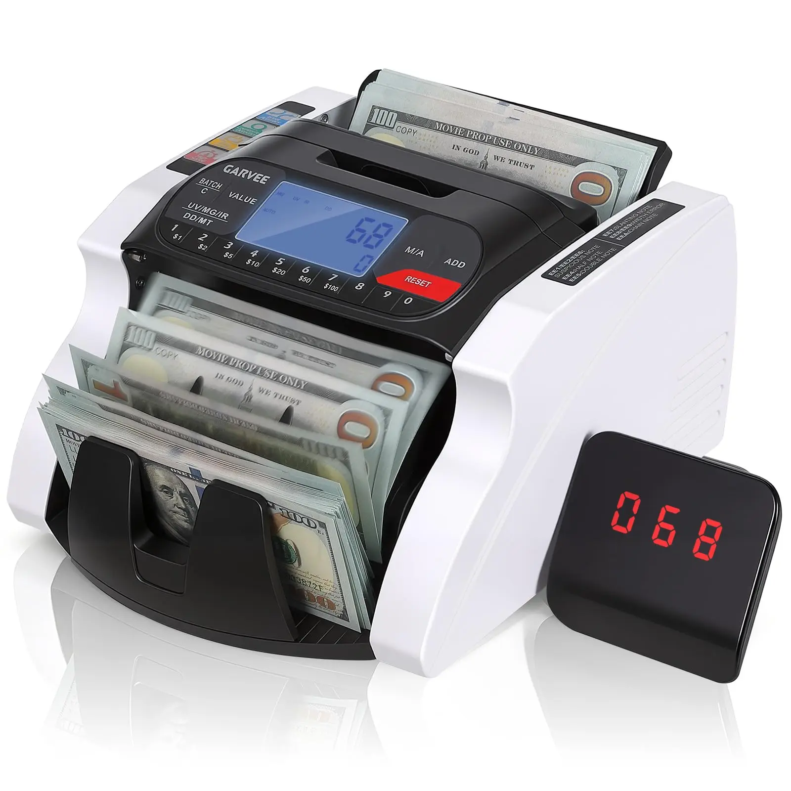 GARVEE Money Counter Machine with Multi-Currency Value Counting and Advanced UV/MG/IR/DD/MT Counterfeit Detection, Batch and Add Value Count Modes, Featuring LCD Display Ideal for Business and Retail Stores