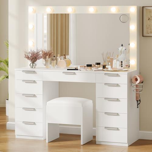 【Dealsforyoudays】Yitahome Vanity Desk Set, 11 Drawers Wood TableTop Vanity with LED/Bulb Light Strip & Extra-Large Mirror, Power Hub & Hair Dryer Rack, 3-Color Modes Adjustable, Storage Bench