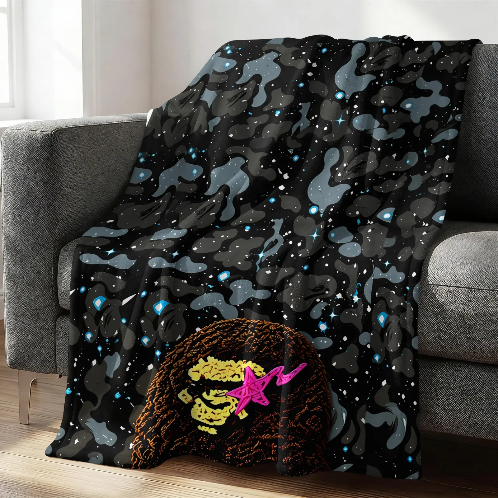 All Season Flannel Blanket, Purple Camouflage Street Cartoon Graphic Fleece Throw Blanket, Monkey Head With Red Star Pattern Warm Nap Blanket, Portable Travel Home Decor Blanket