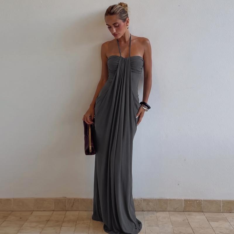 Women's Solid Color Ruched Bodycon Halter Neck Dress, Sexy Sleeveless Strapless Backless Slim Fit Tube Dress, Party Club Date Gown Dress, Elegant Slim Fitting, Casual Daily Maxi Dresses For Ladies Summer