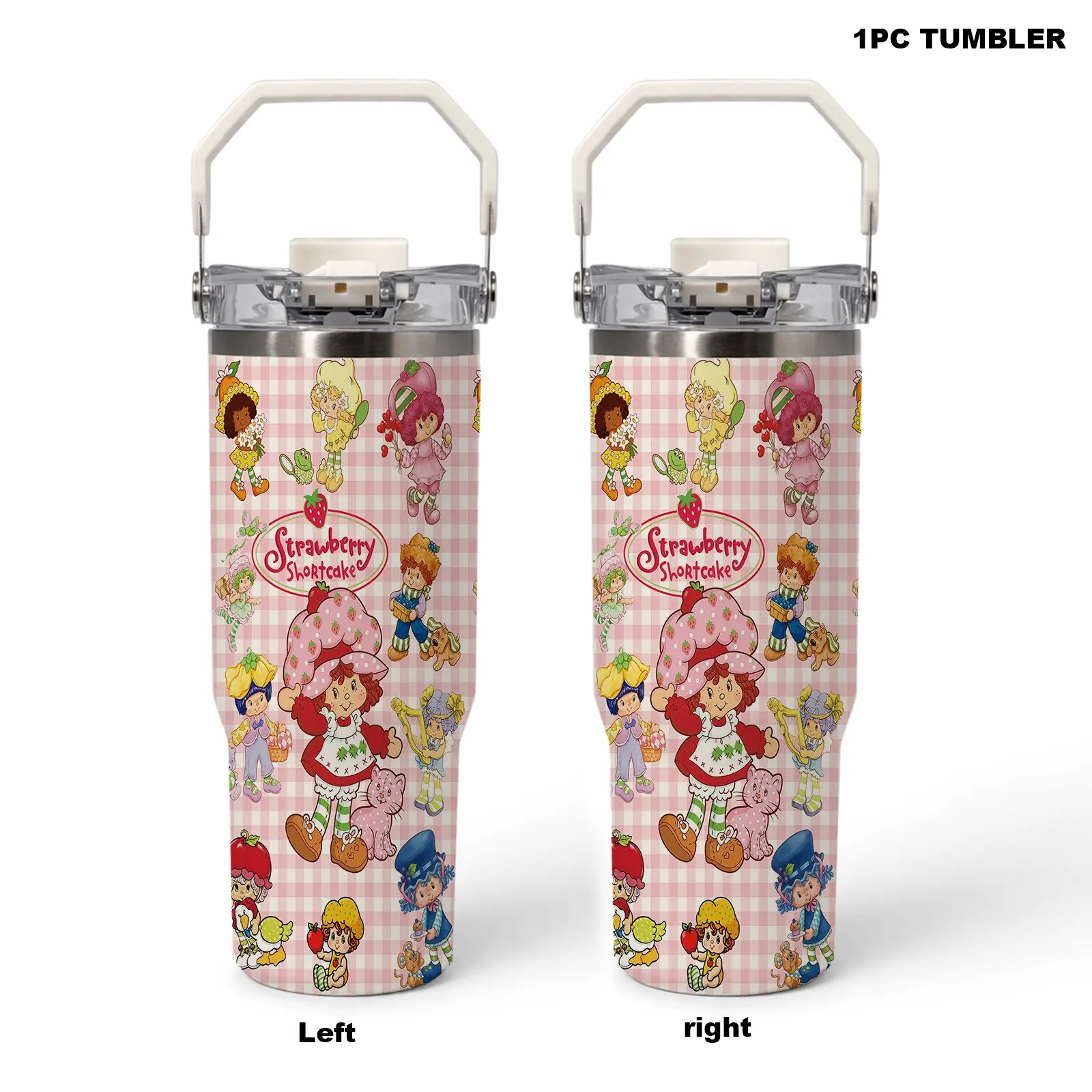 1pc 30oz Strawberry Shortcake and Friends Tumbler with Handle, Leakproof Foldable Straw Lid, Direct Drink Straw Spout Insulated Coffee Cup, Cute Retro Childhood Memory Gift for Birthday Holiday Friends Family Coworkers