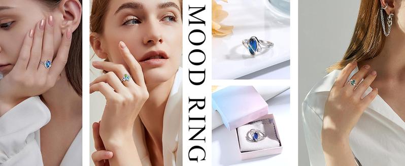 Exquisite 925 Sterling Silver Mood Rings Moonstone for Women Vintage Handmade Victorian Rings Oval Solitaire Ring 18K White Gold Plated Color Change Mood Rings Trendy Womens Jewelry