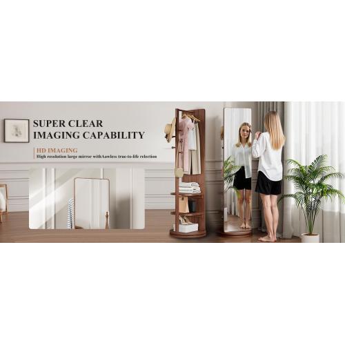 360° Rotating Solid Wood Full Body Mirror – 66"x14" Freestanding Mirror with Hooks & Multi-Layer Storage, Coat Rack Organizer for Bedroom, Living Room, or Cloakroom, Walnut