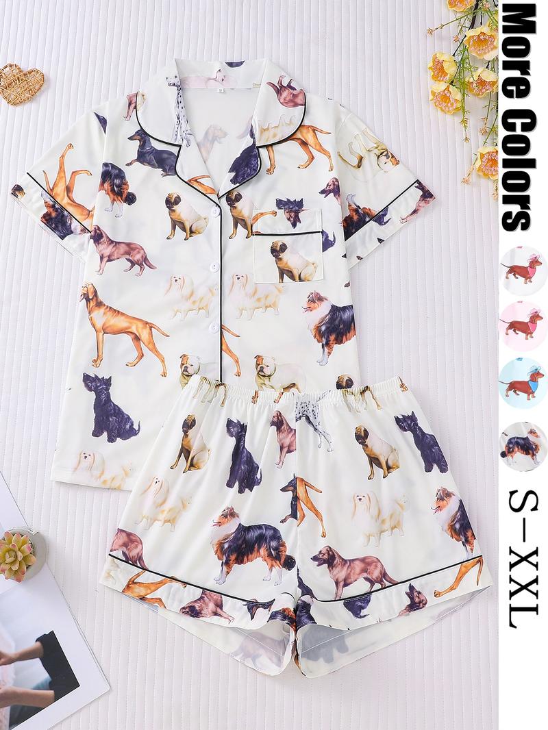 Women's All Over Dachshund Print Shirt & Elastic Waist Shorts Pyjama Two-piece Set, Casual Comfy Short Sleeve Collared Top & Shorts PJ Set, Ladies Sleepwear for All Seasons, Loungewear, Sleep Pajamas Shorts