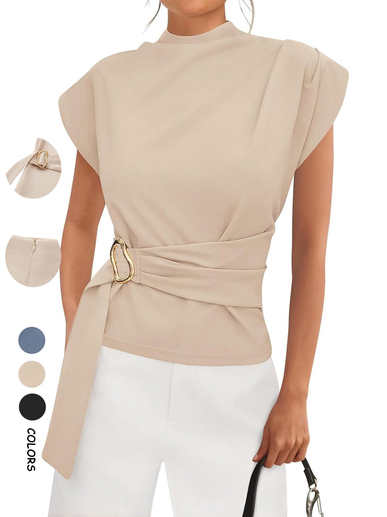 Women's Summer Casual Batwing Short Sleeve Blouse, Half High Neck Adjustable Button Up Top, Fitted Plain Business Office Shirt