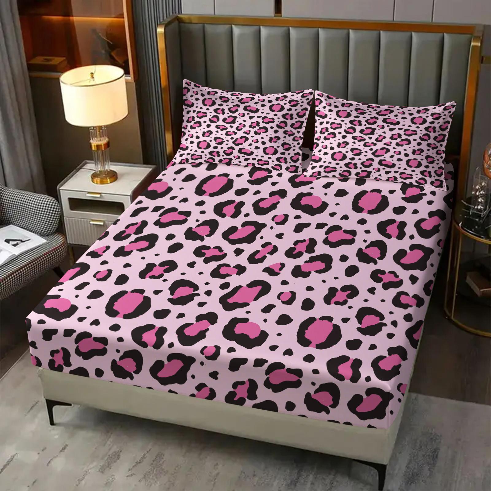3-Piece Set Cute Leopard Print Bedding Set, Bed Sheet Sets, Decorative Bedsheet Sets, Includes 1 Fitted Sheet and 2 Pillowcases, Home Hotel Room Decor, Bedroom Decoration, Perfect Gift