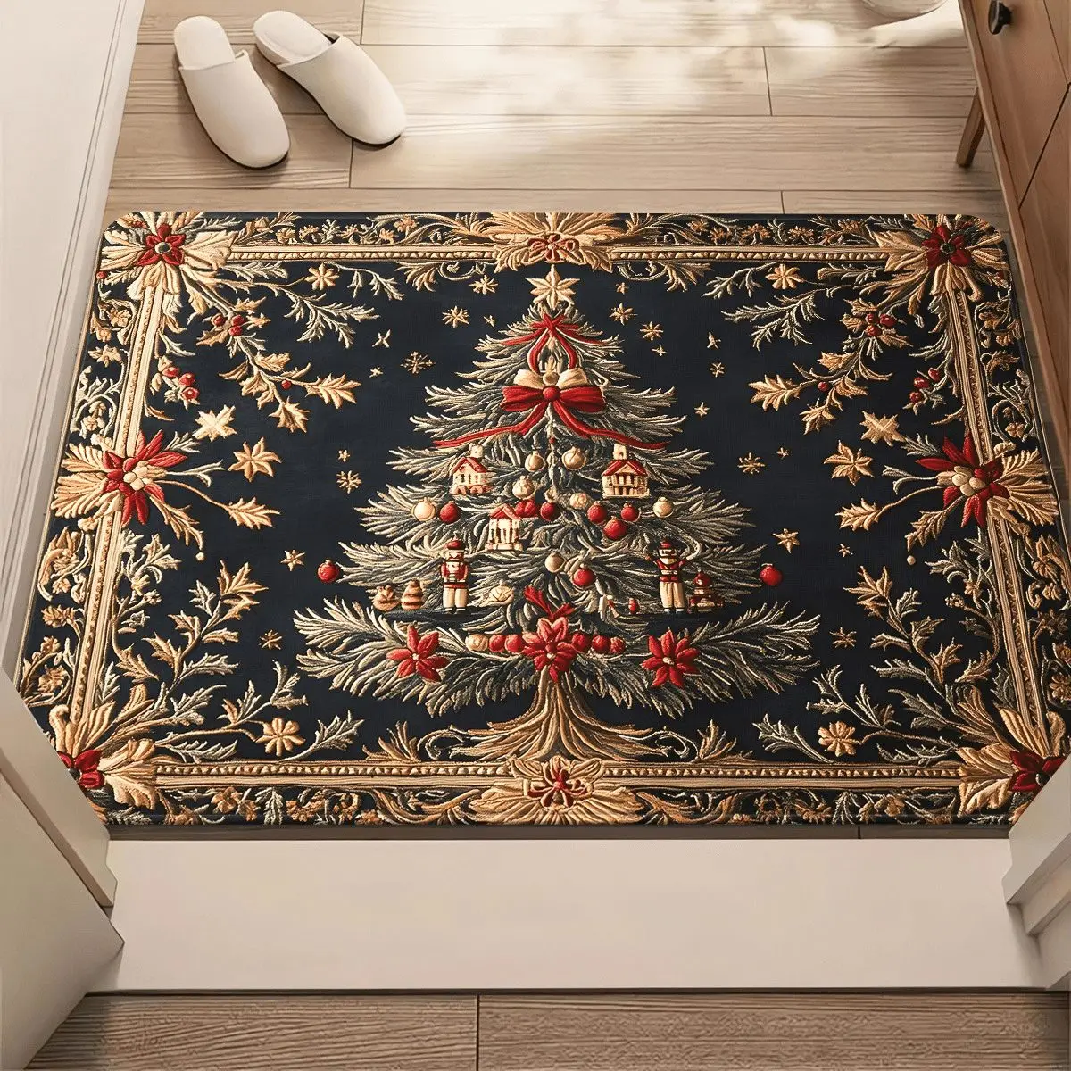 1pc, Flannel Vintage Christmas Tree Doormat, Dark Background Golden Floral Border Nutcracker Holiday Decorative Non Slip Front Door Mat
