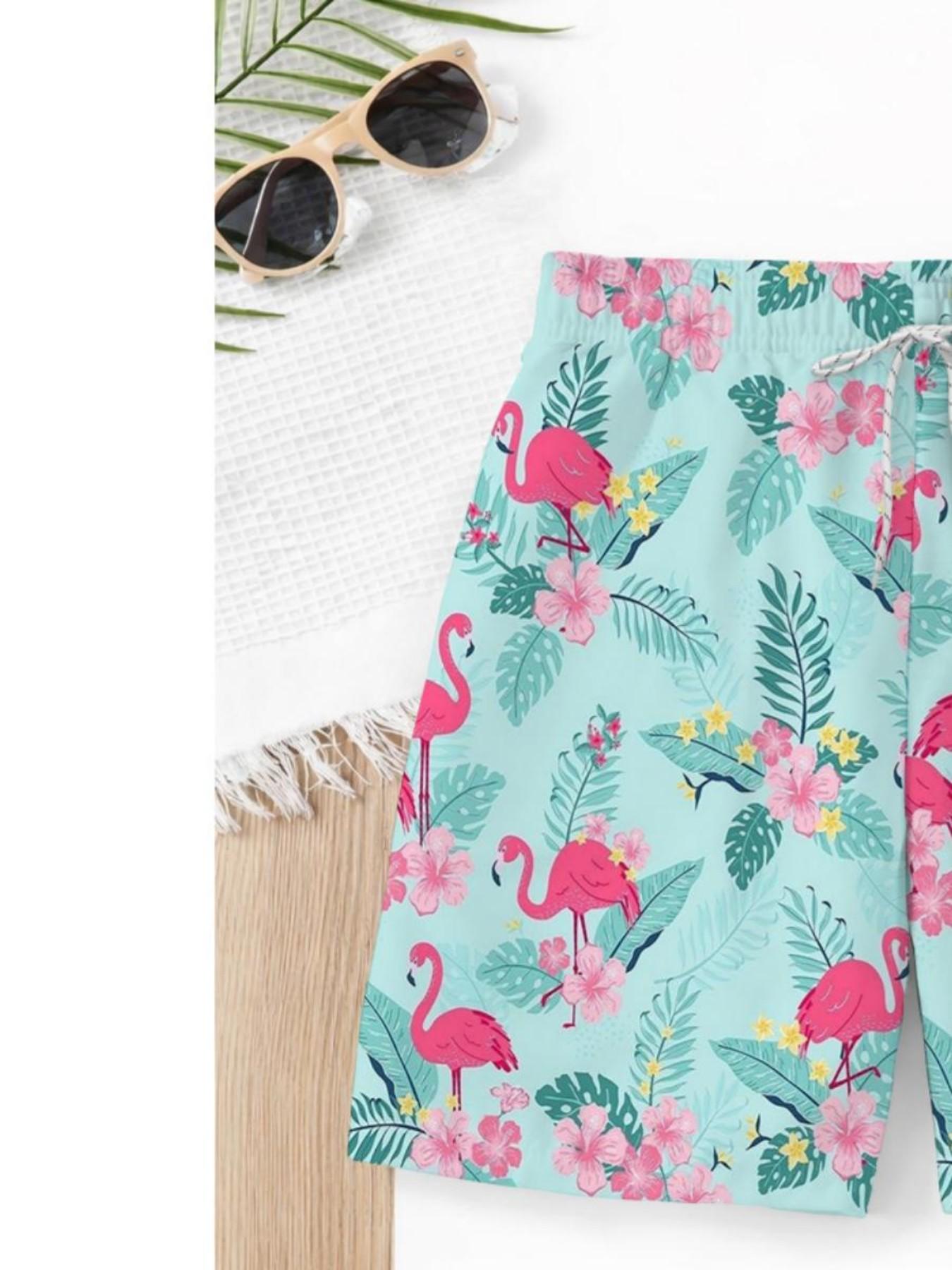 Summer Boys' Peacock Floral Print Drawstring Beach Pants, Kids Loose Fit Coastal Vacation Swim Trunks, Casual Short Beachwear