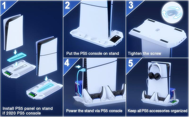 PS5 Stand for PS5 Slim Disc Digital, PS5 Cooling Station and Controller Charging Station for Playstation 5 Accessories with 3 Levels Cooling Fan, 3 USB Hub, Headset Holder, 13 Game Slots, Media Slot