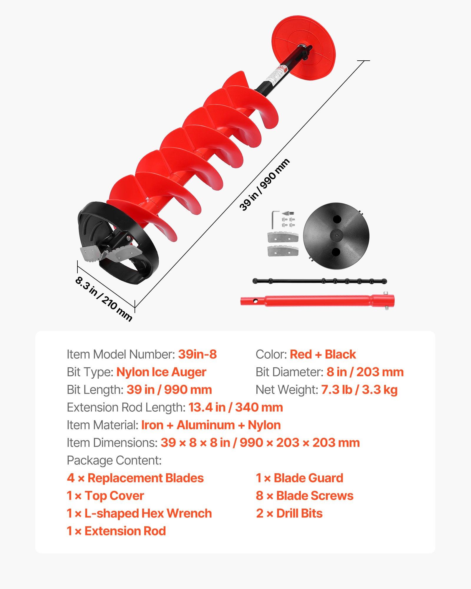 fathersdaygift  VEVOR Ice Auger Drill Bit, 8in Diameter 39in Length, Cordless Nylon Ice Fishing Augers With Extra 13.4in Extension Rod, Drill Adapter, Top Plate and Blade Guard