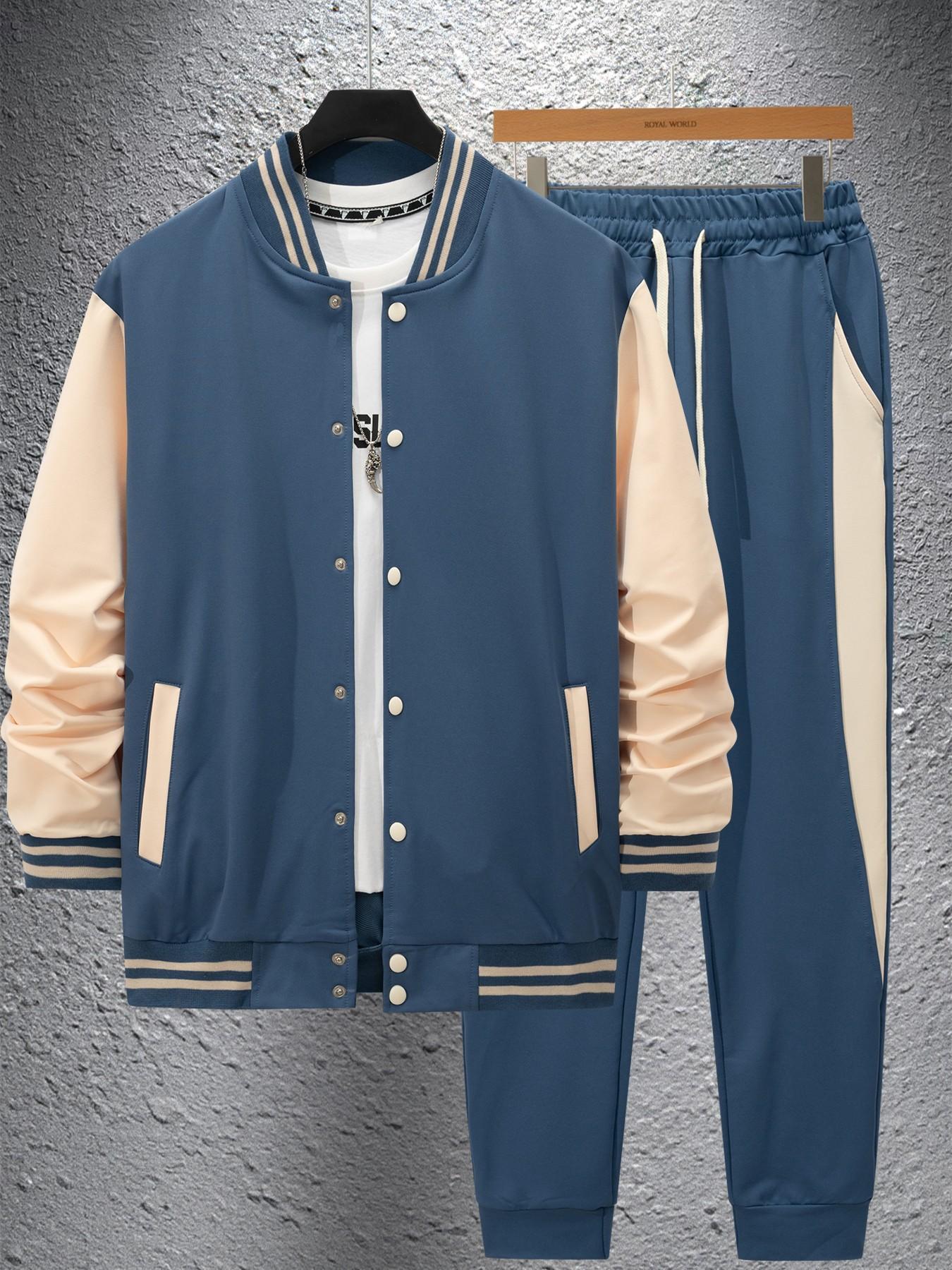 Men's Two-Piece Set, Spring & Fall Sports Suit, Colorblock Baseball Jacket + Drawstring Sweatpants, Loose-Fit Casual Wear, Multiple Colors Available