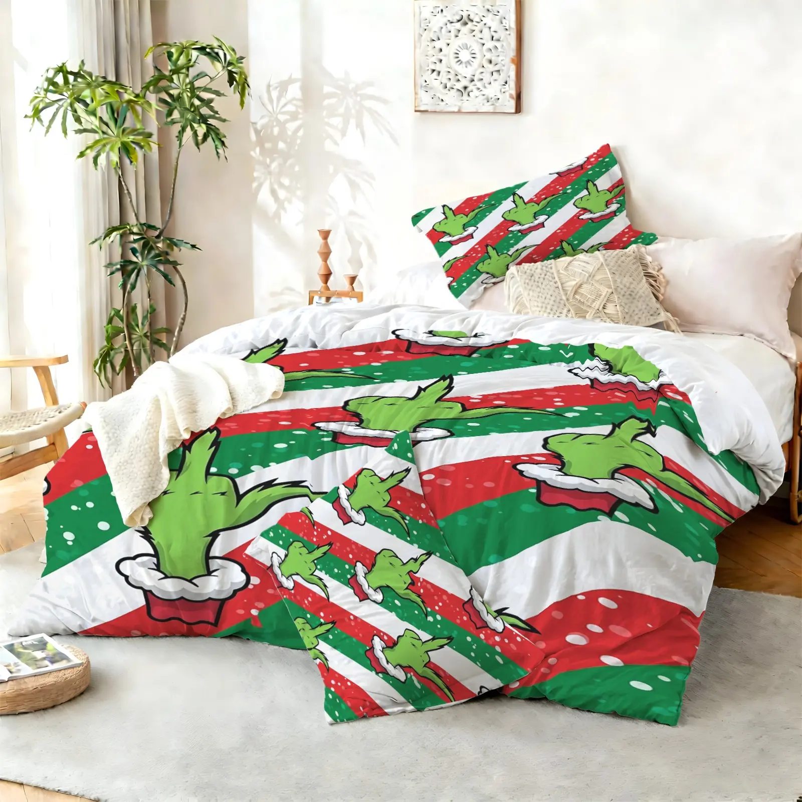 2/3Pcs Funny Grinch Christmas Print Duvet Cover Set, Holiday Bedding Set for Xmas Decor Lovers, Decorative Comforter Cover, No Filler, Creates Playful Whimsical Christmas Atmosphere, Ideal for Bedroom & Guest Room, Vivid Digital Printed Pattern