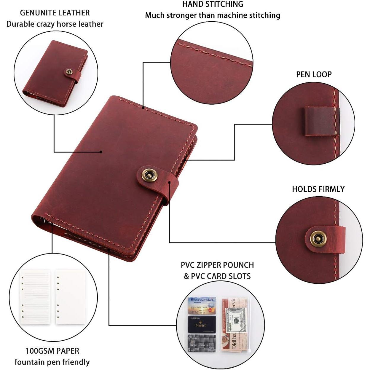 Leather Writing Journal Notebook Refillable, A6 Personal Size Traveler's Notebook with Pockets, 6 Ring Binder Planner Notebook with Pen Holder-
