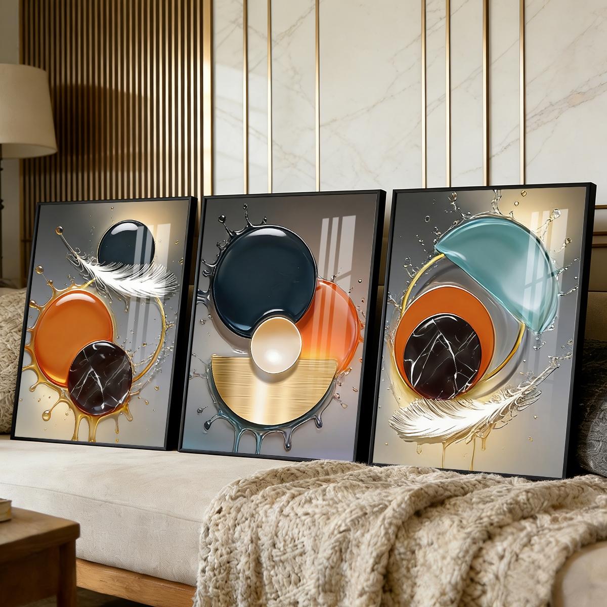 3 Counts Aluminum Alloy Framed Painting, Abstract Color Liquid Splash And Feather Art, Home Decoration For Living Room, Bedroom, Office, Restaurant, Hallway Wall Decor, Odorless Print Artwork, Luxury Perfect Gift For Friends And Family