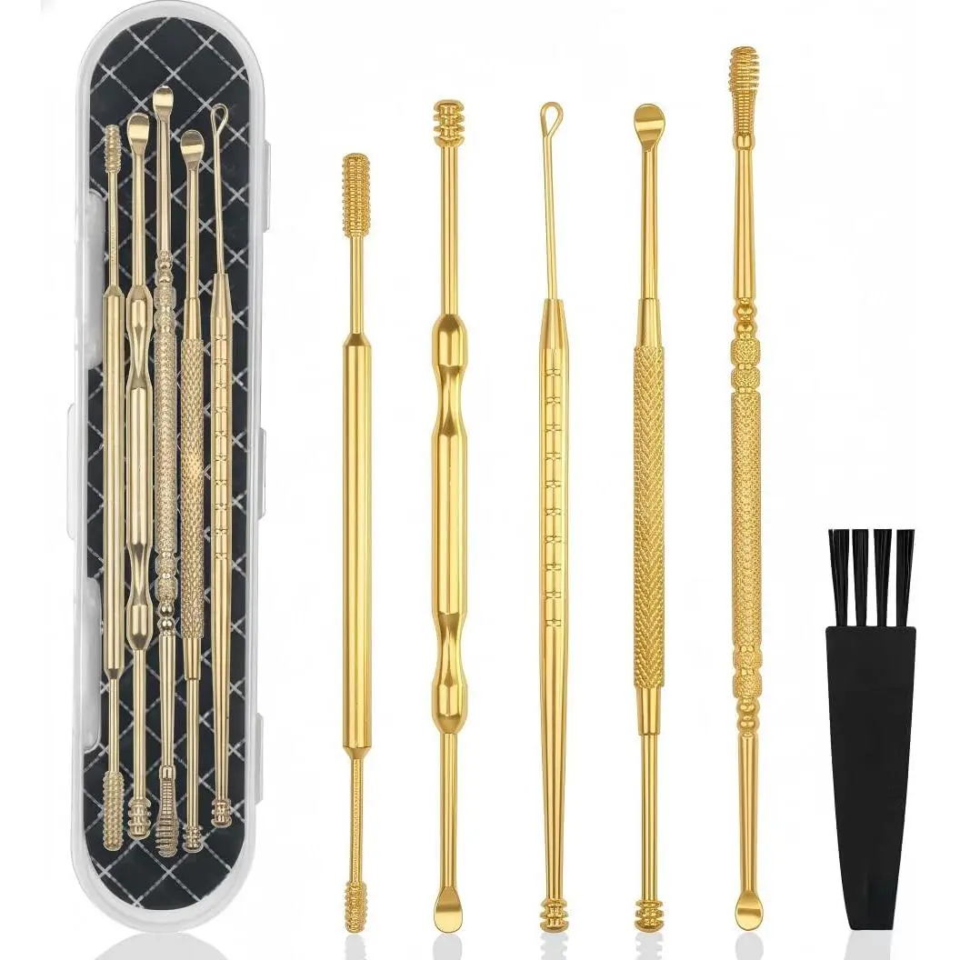 6 Pcs Extended Ear Wax Removal Kit,Professional Double-Headed Ear Pick Earwax Removal Tools,316L Stainless Steel Ear Cleaner Curette with Cleaning Brush and Storage Box,Suit for Kid Adult(Gold)
