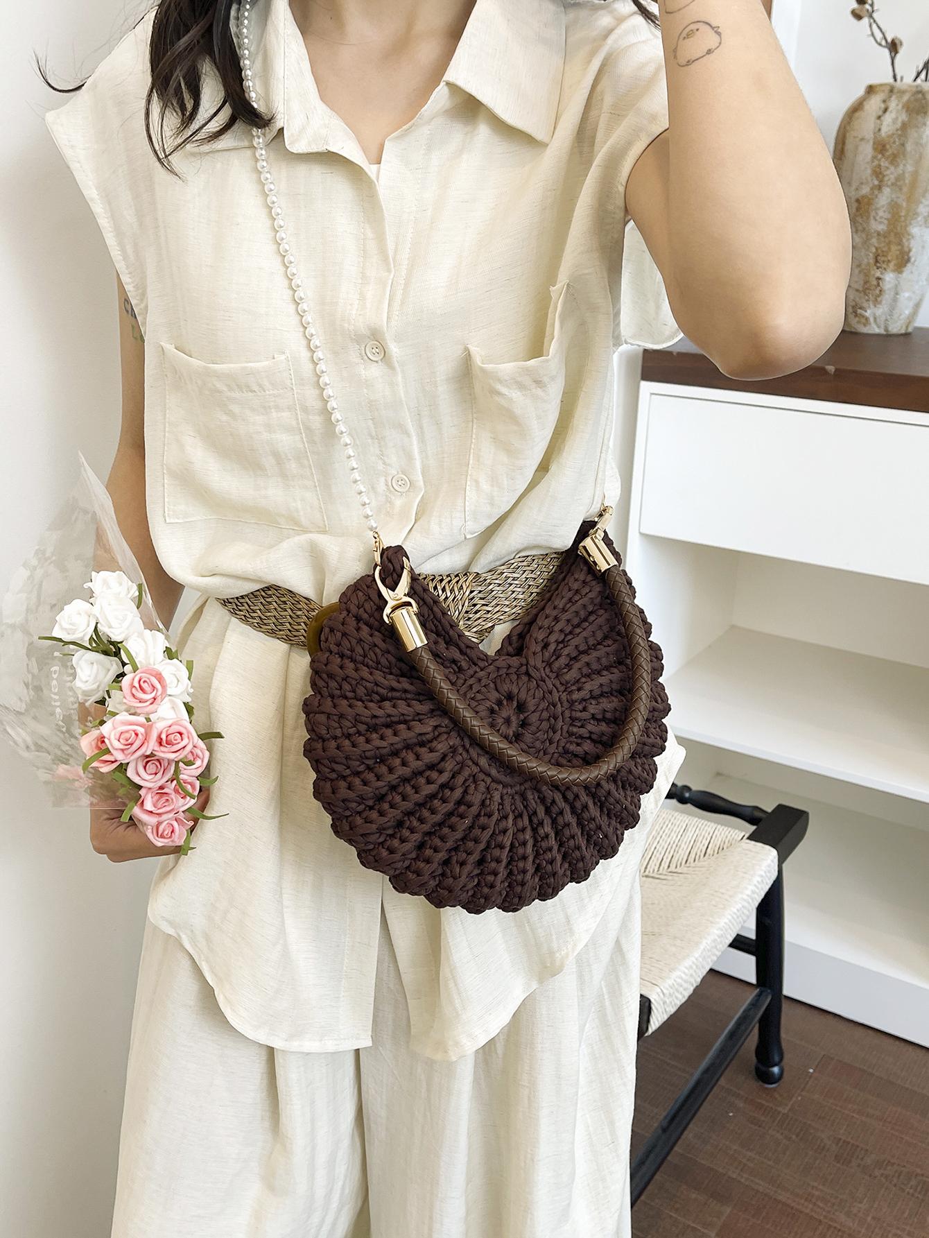 Seashell Pearl Chain Crossbody Bag, Beach Vacation Shoulder Bag, Handmade Crochet Boho Style, Summer Women's Backpack