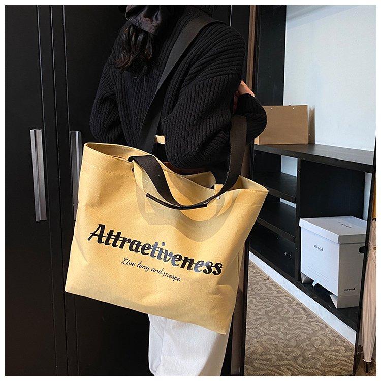 Casual Letter Print Canvas Tote Bag, Large Capacity Commute Shoulder Bag, Lazy Style Handbag, Student School Bag