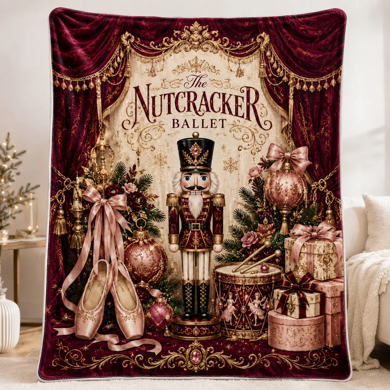 Vintage Burgundy Nutcracker Print Holiday Theme Christmas Ballet Throw Blanket - Ballet Slippers, Ornaments Print Cozy Blanket for Bed, Sofa, Whimsical Home Decor & Gifts
