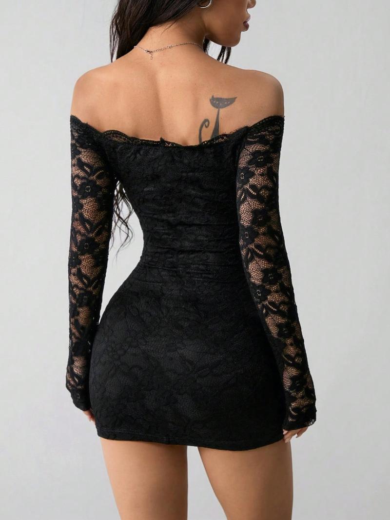 Autumn New Lace One-Shoulder Long Sleeve Slimming Dress for Women, Elegant Casual Wear, Perfect for Outdoor Activities