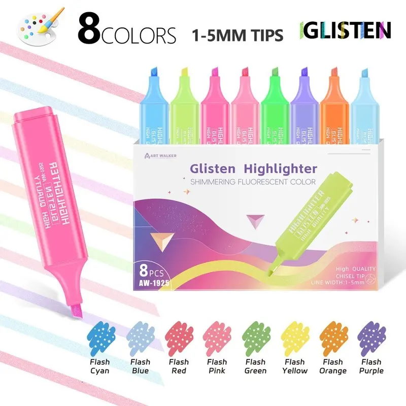 8Pcs Double Headed Highlighters Set Fluorescent Markers Soft Tip Glitter Highlighters for Journaling Journal Highlight Marker Kids Drawing Supplies School Office Supplies Stationery Bulk