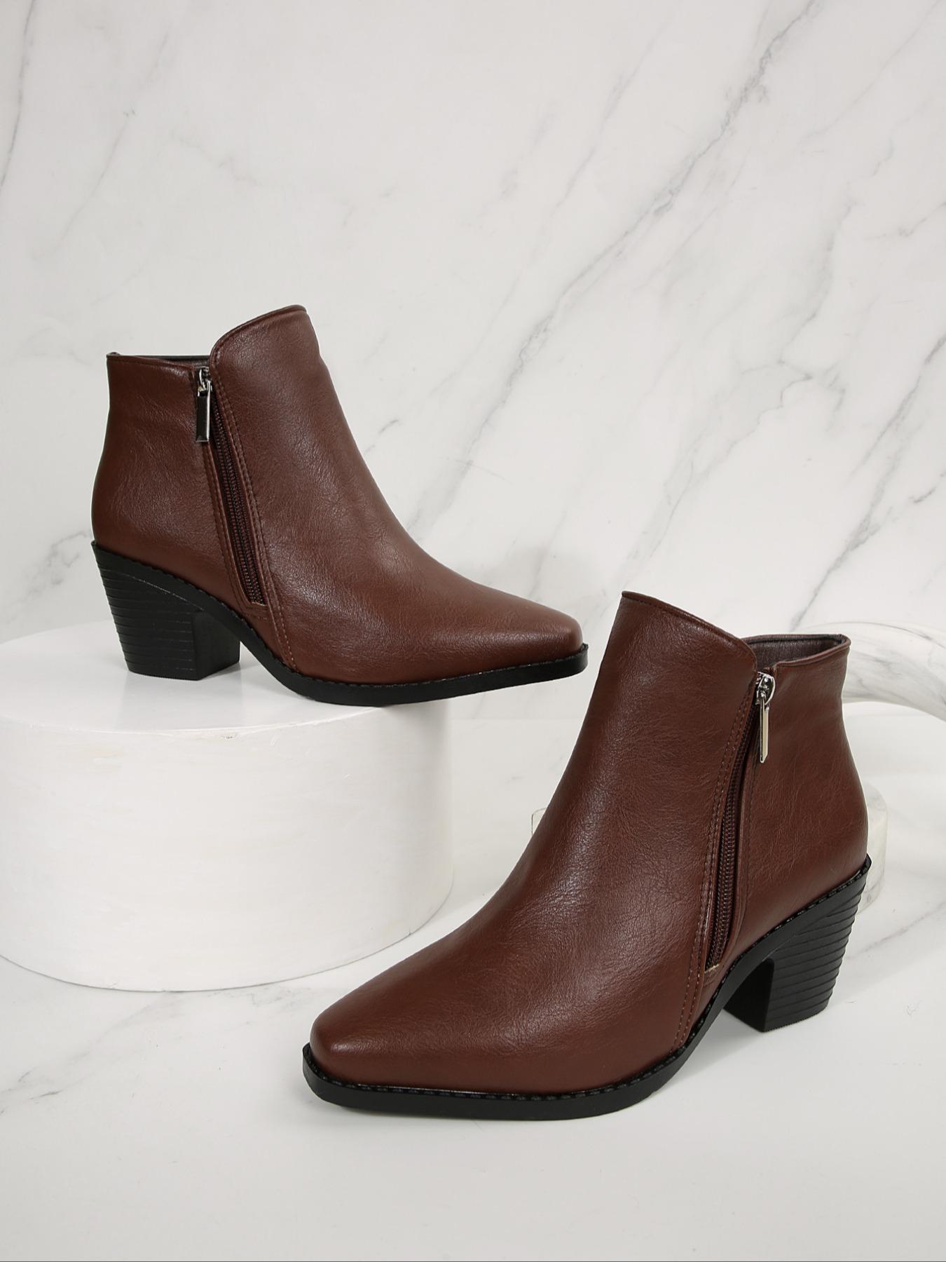 Women's Fashion Fall High Heel Square Toe Ankle Boots with Dual Zipper, Stylish Comfortable Short Booties for Casual Wear