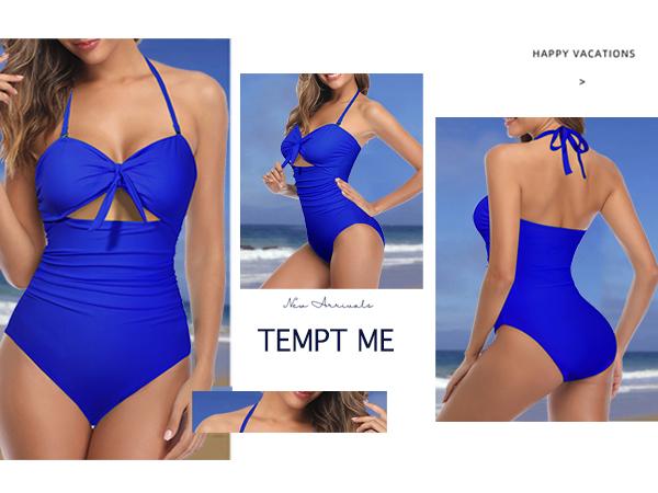 Tempt Me Women Sexy Cutout One Piece Swimsuits Tummy Control High Waisted Halter Front Tie Knot Bathing Suit Plus Size Full Coverage Swimsuit for Women