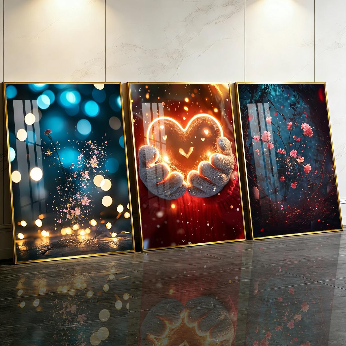 3 Counts Aluminum Alloy Framed Painting, Glowing Heart And Blooming Flowers Pictures, Home Decoration For Living Room, Bedroom, Office, Restaurant, Hallway Wall Decor, Odorless Print Artwork, Luxury Perfect Gift For Friends And Family