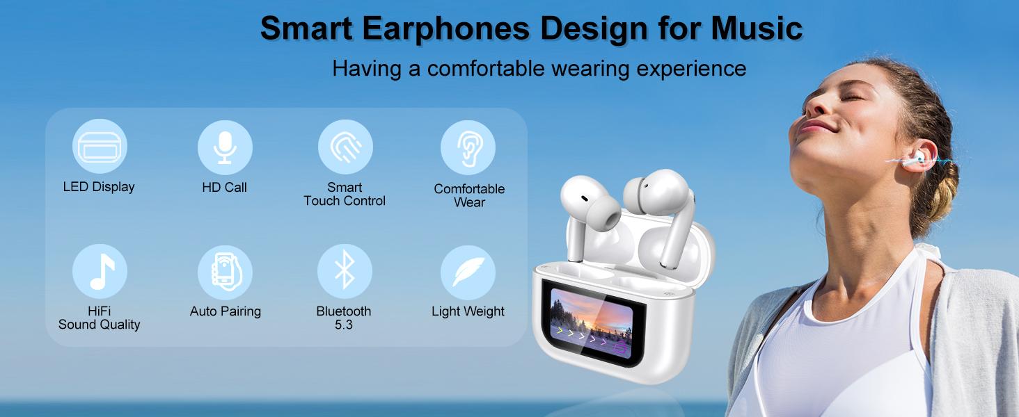 Smart Earphones with Touchscreen, Touch Screen Earbuds, 13 Functions Wireless Headphones Bluetooth 5.4, Touch Buds with LED Screen, ANC/ENC Noise Cancelling, 40H Playtime, for iOS Android