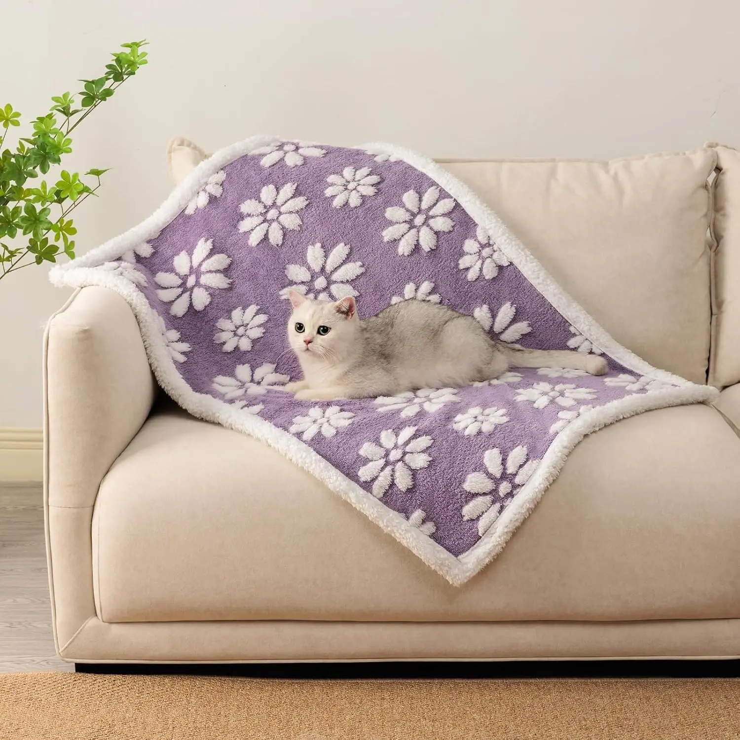 Cute 3D Textured Flower Waterproof Blanket for Dog Puppy Cat Soft Liquid Pee Proof Pet Furniture Protector for Bed Couch Sofa 30"x40" Purple
