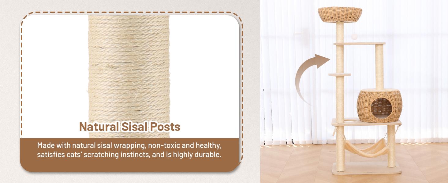 Multi - Level Rattan Cat Tree Tower with Scratching Posts & Lounging Areas for Indoor Cats