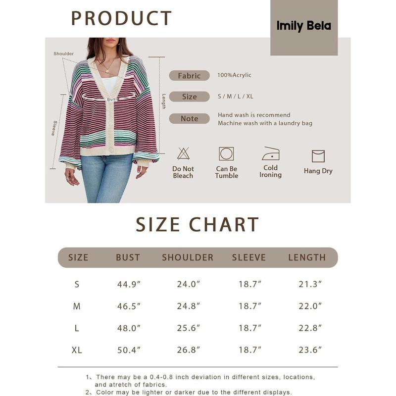 lmily Bela Womens Striped Cardigan Sweaters Oversized Puff Sleeve Button Up V Neck Color Block Knit Sweater Coat