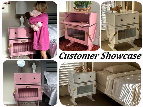 RoyalCraft Robot Nightstand with LED Light Strips, End Table with 360 Degree Rotating Drawer, Modern Design Bedside Table with Glass Door Storage, Wood Cabinet for Bedroom, Home Office Furniture Organize