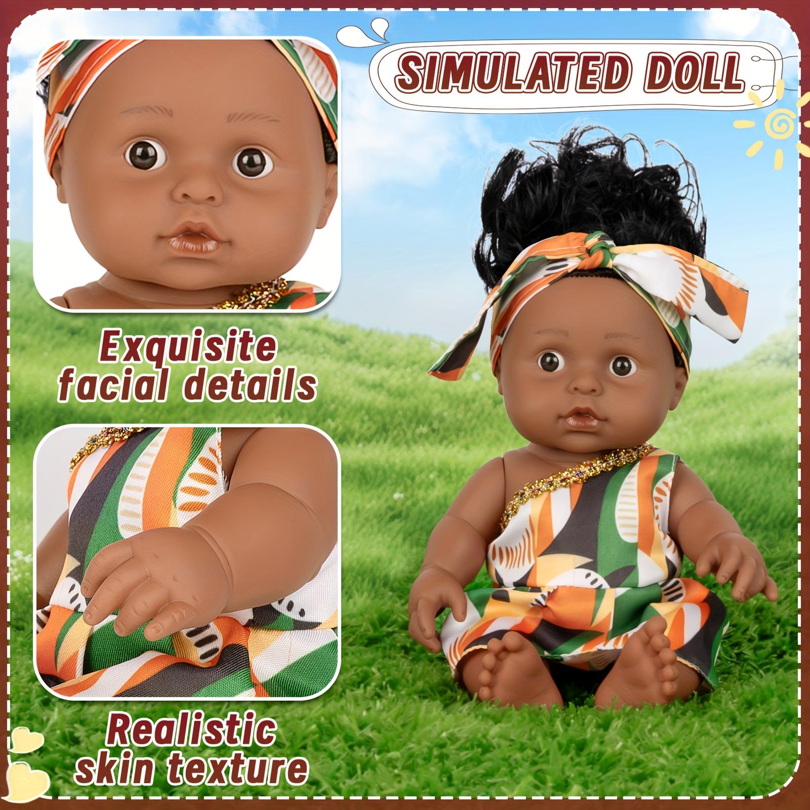 Baby Doll, 12 inch American African Girl Doll with Dress, Realistic Reborn for Kids Aged 2 3 4 5 6, Silicone Small Toy Curly Hair Birthday Gift,