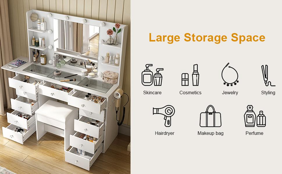 FUSOU 47"W Vanity Desk with 4 Shelves and Fold-up Panel,Power Outlet, 11 Drawers Makeup Vanity with Lighted Mirror, 3 Colors Adjustable, Glass Top Vanity with Chair, , Vanity Set for Bedroom, Dressing Room FUSOU 47"W Vanity Desk with 4 Shelves and Fold-up Panel,Power Outlet, 11 Drawers Makeup Vanity with Lighted Mirror, 3 Colors Adjustable, Glass Top Vanity with Chair, , Vanity Set for Bedroom, Dressing Room