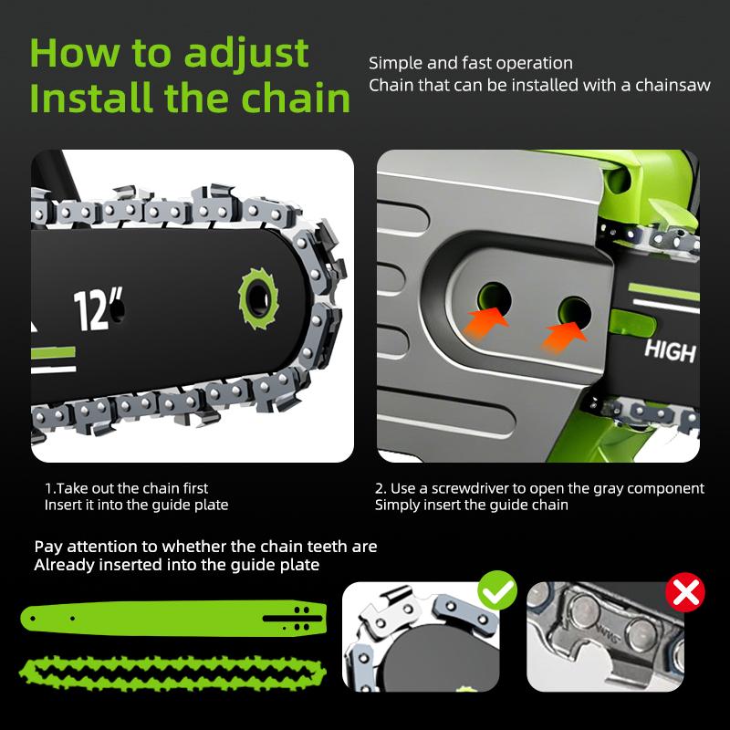 12-inch cordless electric chain saw, equipped with 2 batteries, is a portable handheld small woodworking chain saw that can be used for pruning, gardening and camping - suitable for middle-aged people and men - and is an excellent gift for festivals.