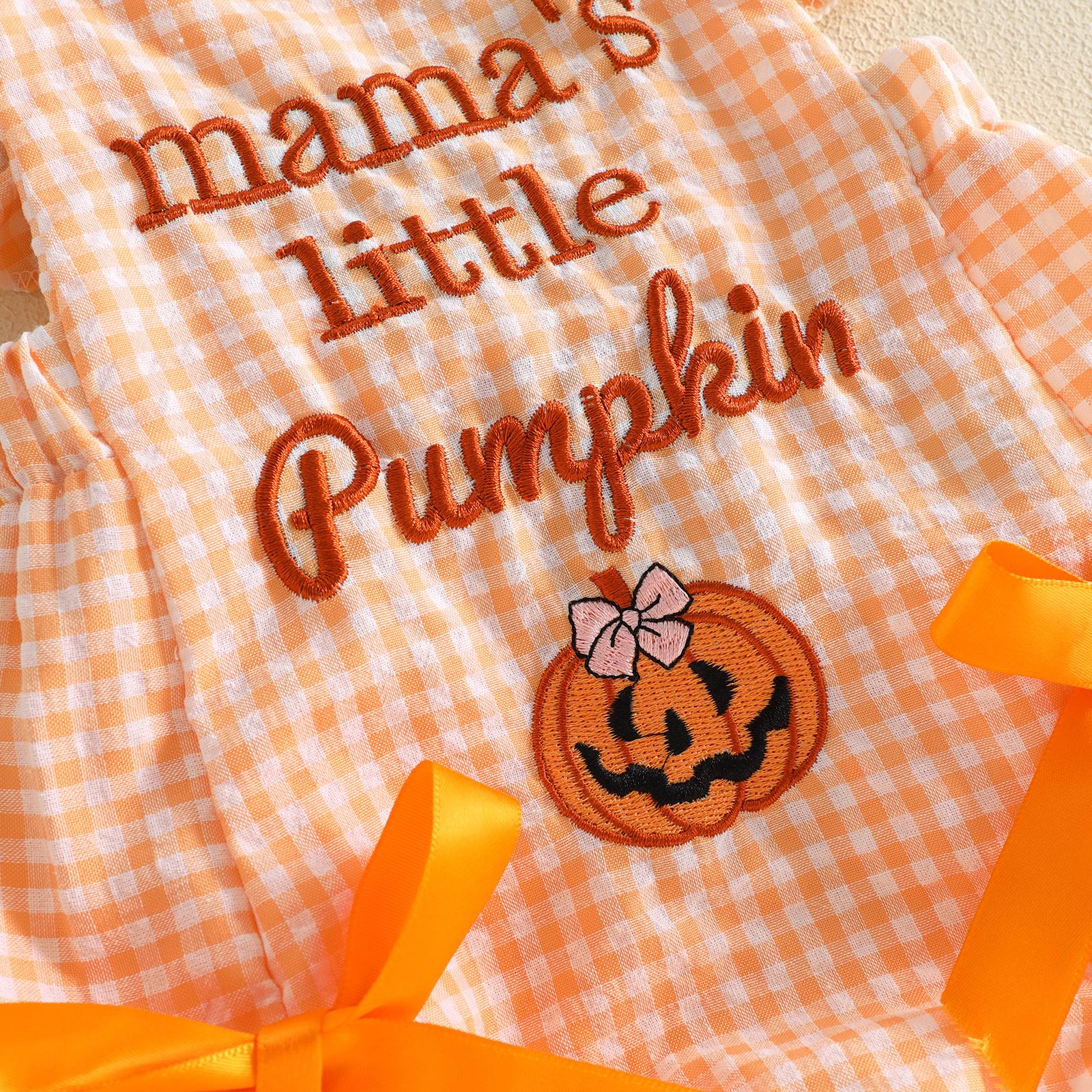 [Lullaby] Baby Girl Halloween Romper Set, Cotton Blend Plaid Print Jumpsuit with Embroidery (Pumpkin/Ghost), Flying Sleeves, Square Neck, Bow Headband - Prop 65 Safe Baby Girl Clothing