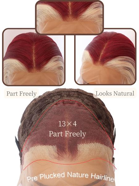 Burgundy With Blonde Highlights Lace Front Wig, Wine Red 13x4 Lace Front Wig,Heat-resistant Synthetic Fiber Wigs,Cosplay Halloween Party Use (28 Inch)