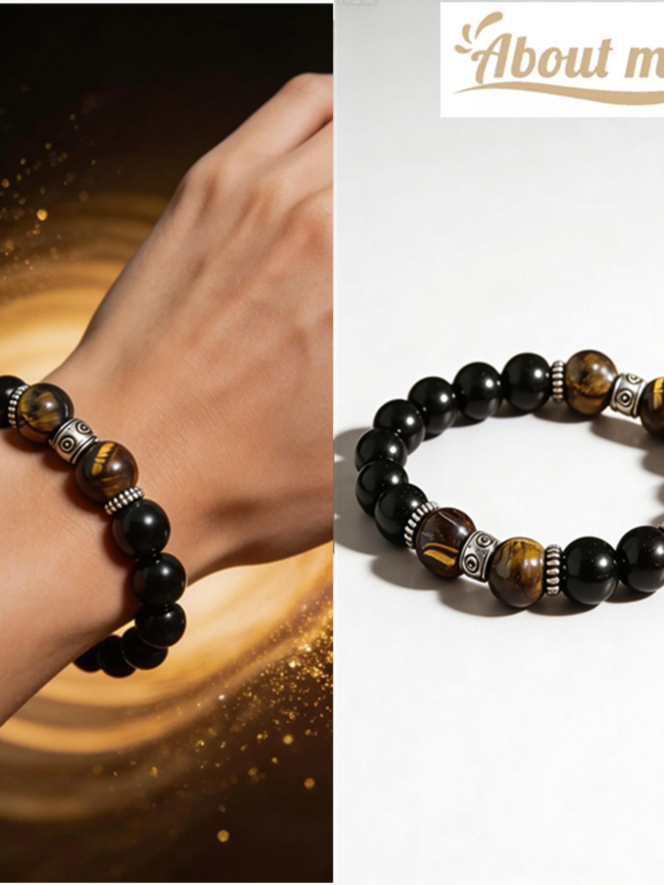 Men's Natural Tiger Eye & Obsidian Bracelet, Silver Color Plated, Handmade Premium Healing Stone, Gift Box Included