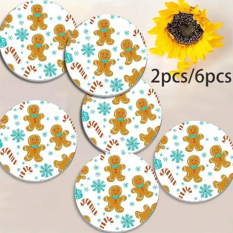 Christmas Gingerbread Man Round Silicone Coasters Heat Insulation Non Slip Drink Mats For Car Cup Holders Dining Table Coffee Tea Mugs Holiday Decor