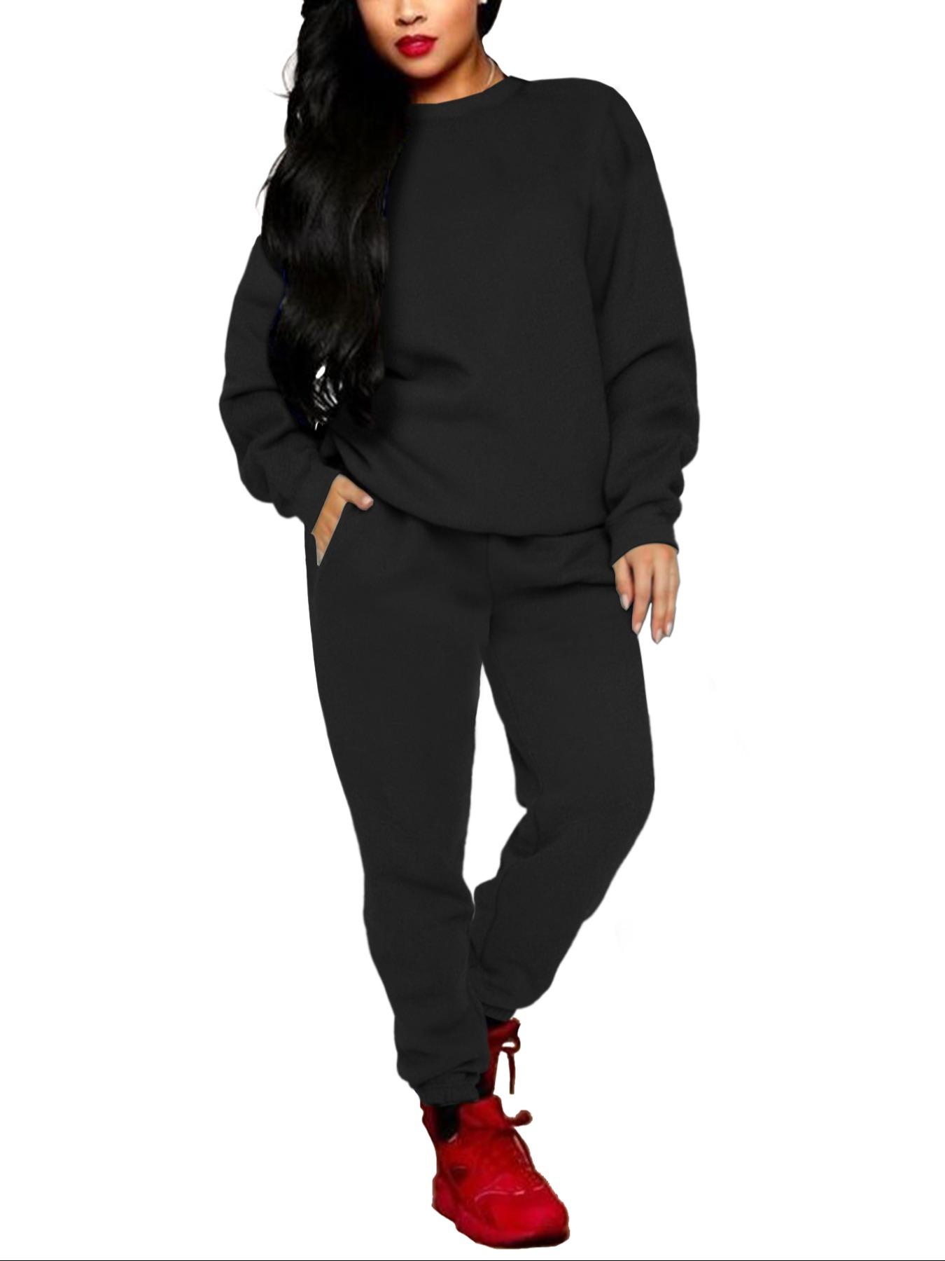 Women's Winter Casual Fitted Two-piece Set, Thick Warm Top & Pants for Home Wear, Simple Plain Design, Perfect for Cold Weather, Womenswear